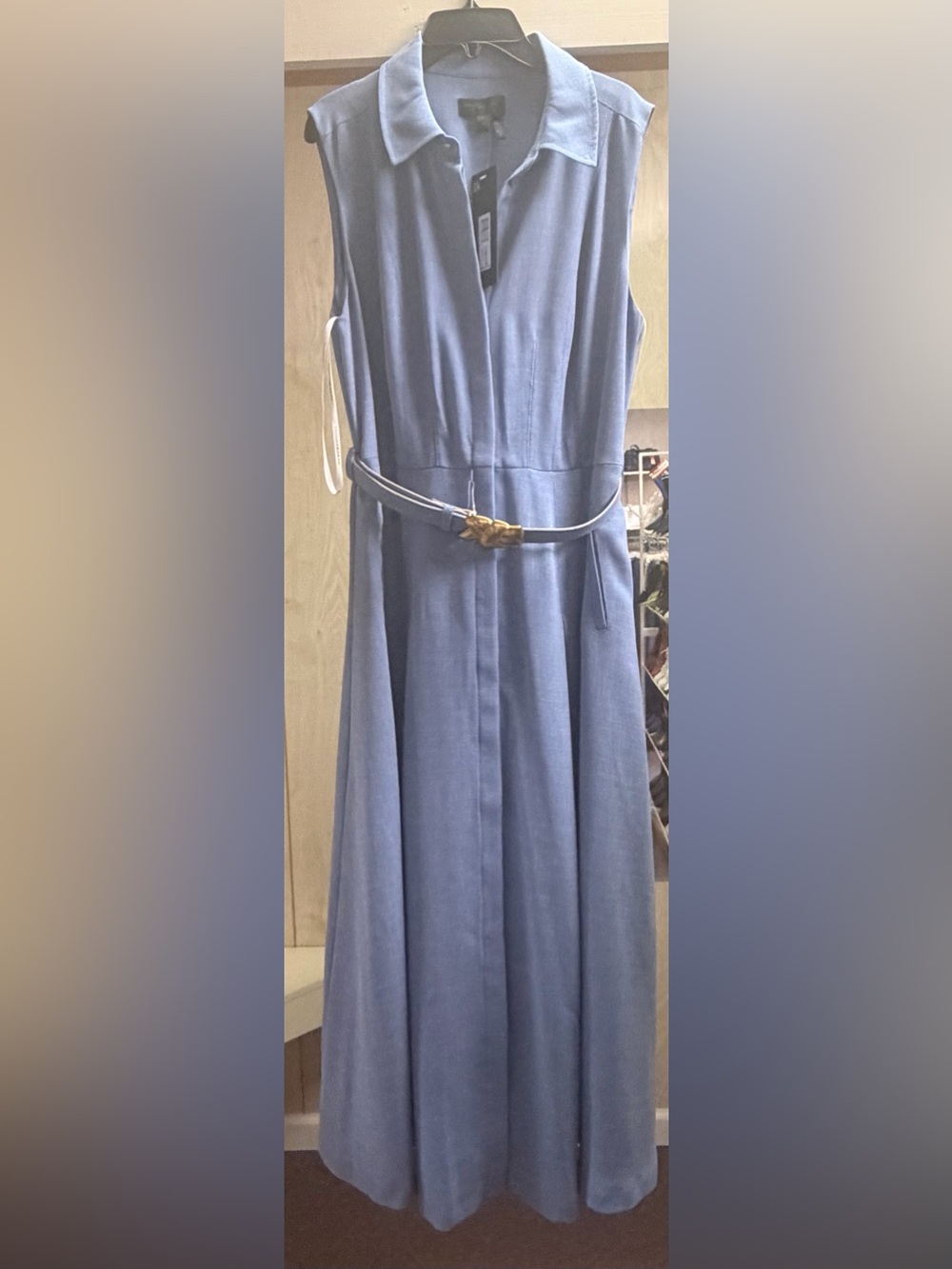 Donna Karan Pale Blue Sleeveless Collared Maxi Dress with Belt